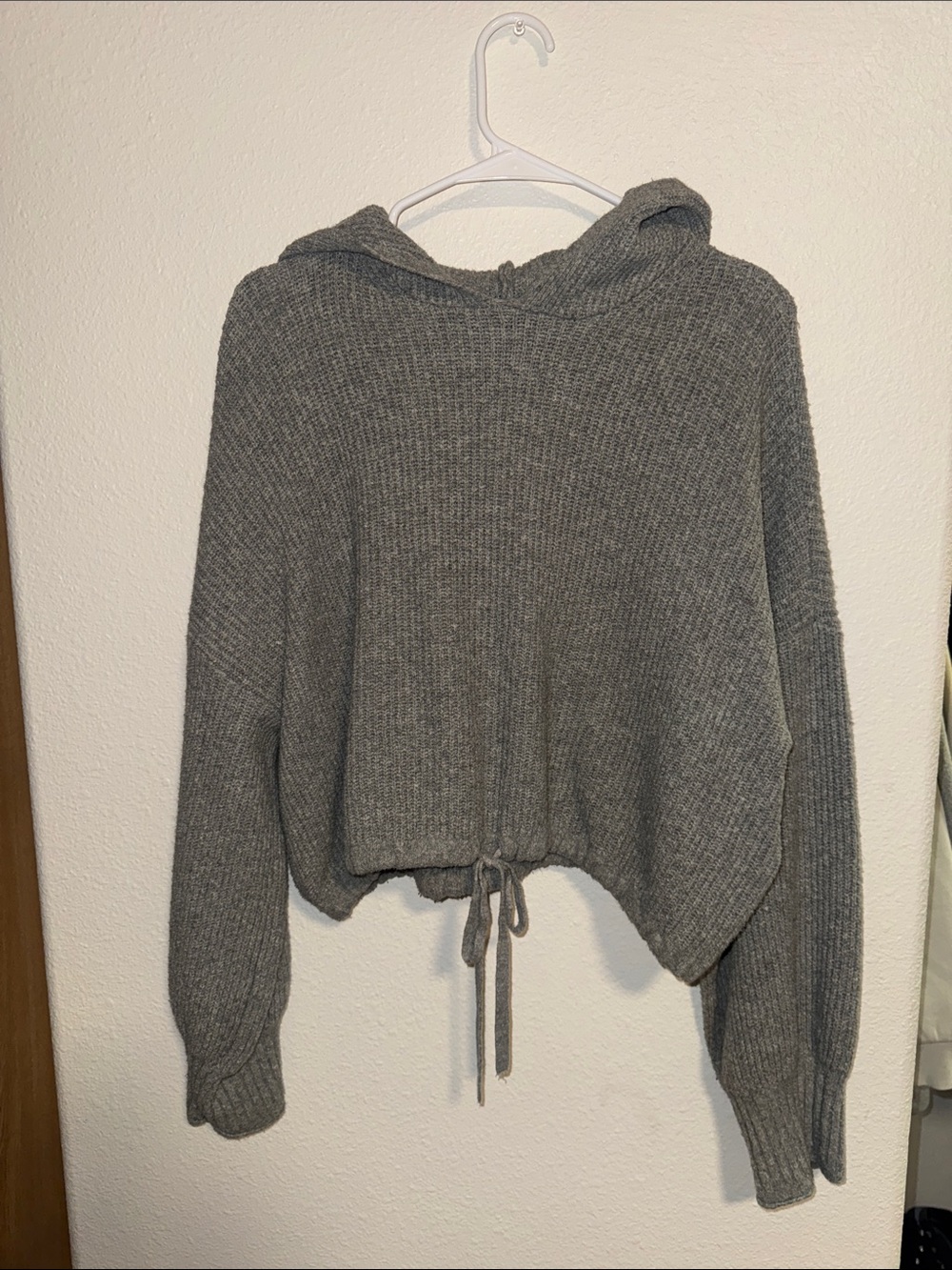 American Eagle Outfitters Gray-Green Cropped Hooded Sweater with Drawstring